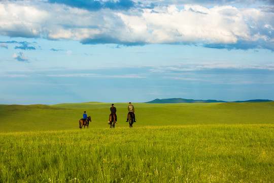 清晨草原骑马的蒙古族