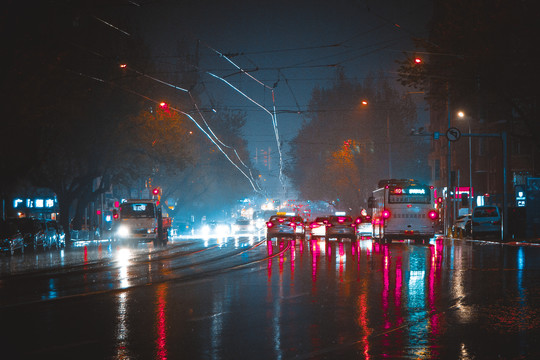 大连都市雨夜景车辆交通