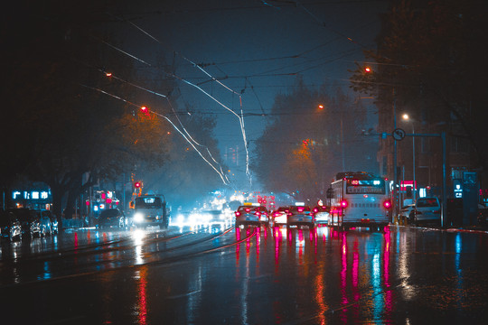 大连都市雨夜景车辆交通