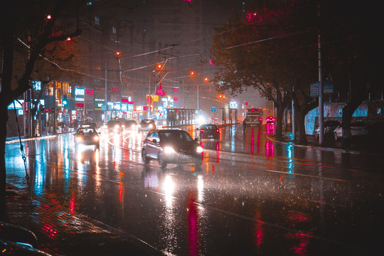大连都市雨夜景车辆交通