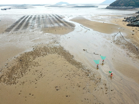 高视角航拍霞浦滩涂和赶海人