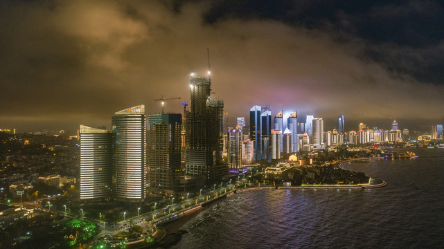 航拍青岛第三海水浴场夜景