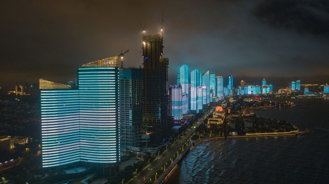 航拍青岛第三海水浴场夜景