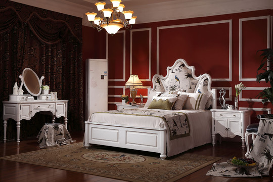 美式实木大床梳妆台妆凳床头柜家