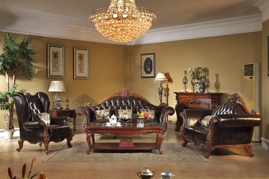 美式古典实木真皮沙发长茶几家具