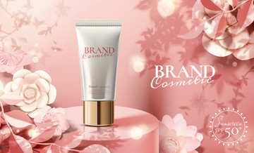 护肤品广告与粉色纸花朵装饰背景