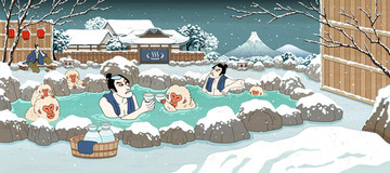 日本清酒浮世绘广告与冬季泡汤场景