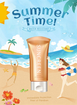防晒乳霜广告与可爱比基尼海滩插图