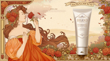 摩洛哥玫瑰皮肤护理广告与慕夏风女神