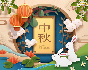 中秋节剪纸风荷花池旁的玉兔