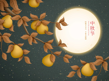 中秋滿月與柚子插畫