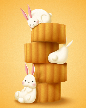 可爱白兔与月饼插画