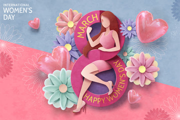 女人節(jié)剪紙花朵賀卡與美麗女性