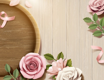 优雅玫瑰花剪纸装饰与木纹背景