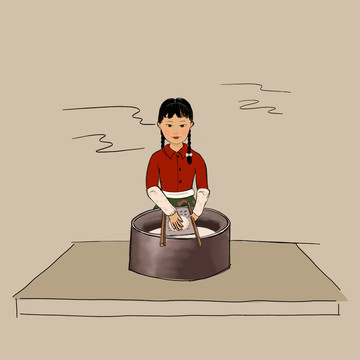 陜北麻花辮姑娘手繪抿節(jié)面插畫