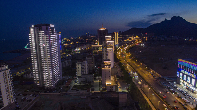 航拍青岛崂山区城市夜景