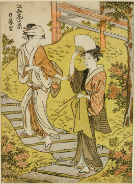 鳥居清長兩個年輕女子在鮮花盛開的花園里