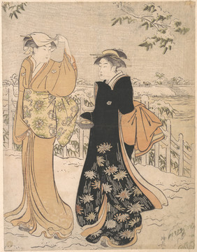 鳥(niǎo)居清長(zhǎng)降雪后松山的雙折畫(huà)