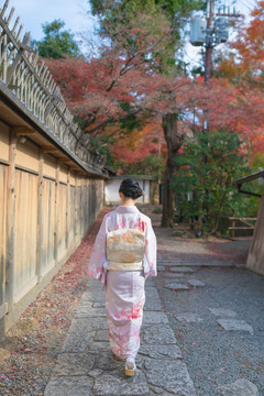 穿和服的亚洲女性在日本京都游玩