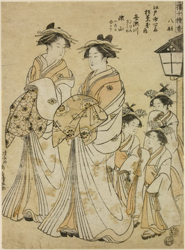 鳥居清長瀨川和世山的妓女與三只黑毛郎