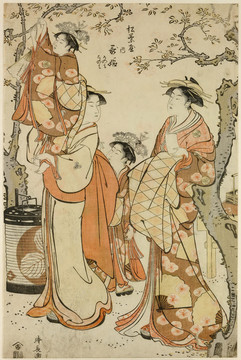 鳥居清長三名藝姬享受櫻花