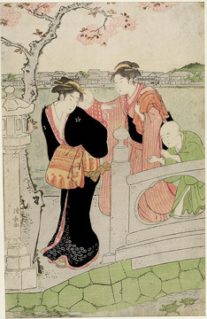 鳥居清長(zhǎng)兩名婦女帶著孩子在橋上