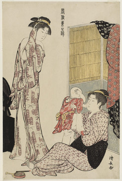 鳥(niǎo)居清長(zhǎng)穿浴袍的女人和孩子一起玩