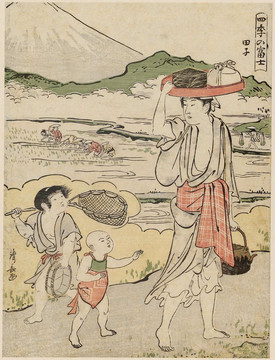 鸟居清长有两个孩子的女人和富士山