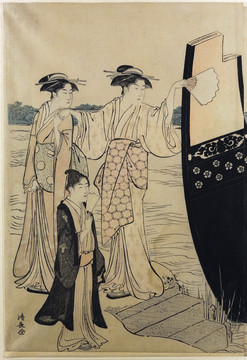 鳥居清長婦女從游船下島的三聯(lián)式下船