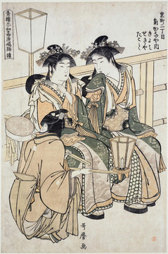 喜多川歌麿兩個女孩和一個年輕人