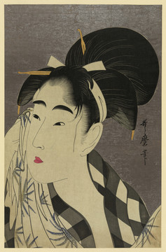喜多川歌麿一个女人擦她的脸肖像