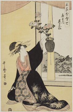喜多川歌麿藝妓手拿一盆花