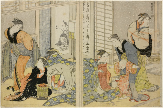 喜多川歌麿Diptych冬季在家