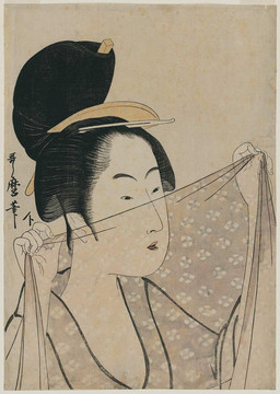 喜多川歌麿女人用透明布遮住她的臉