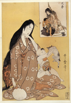 喜多川歌麿女人带着孩子抱着一只猫