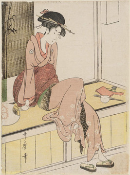 喜多川歌麿一個(gè)女人坐在陽臺的邊緣上