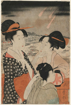 喜多川歌麿妇女看着大桥上的烟花