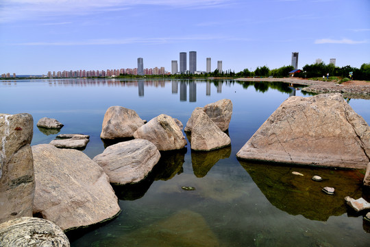 红海子湿地湖水中的石头