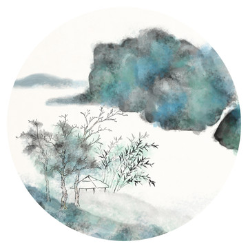 青綠彩墨山水團(tuán)扇