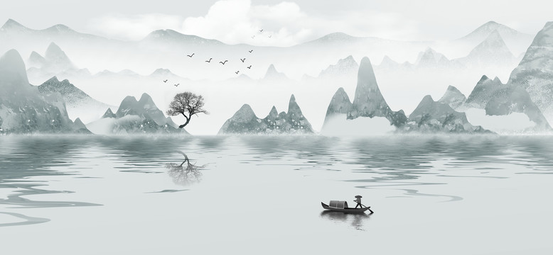 意境淡雅水墨山水畫