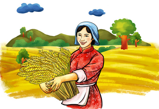 抱麥穗的農(nóng)民秋收