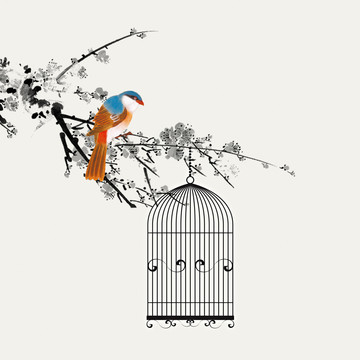 新中式鳥籠梅花花鳥裝飾畫