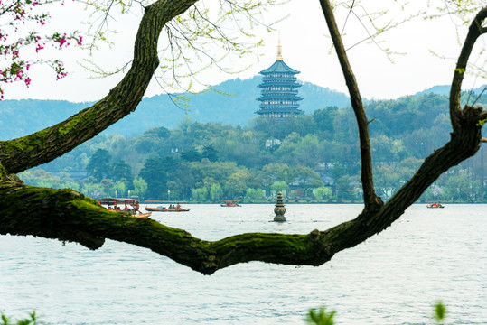 杭州西湖景区雷峰塔与三潭印月