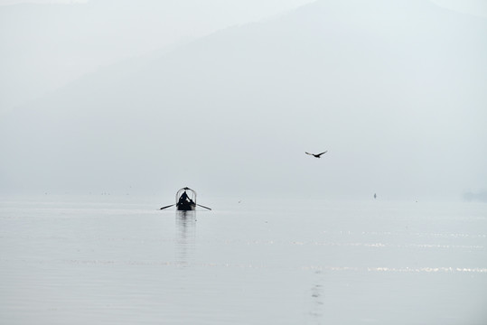 水墨山水画游船飞鸟