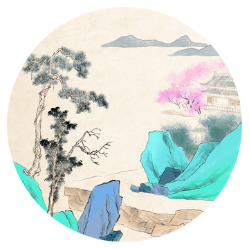 青綠重彩春花山水團(tuán)扇手繪中國畫
