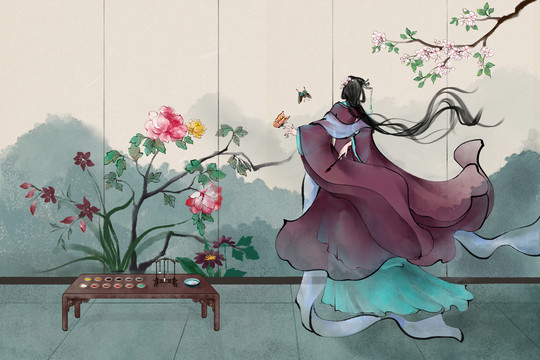 手繪古代美女背影