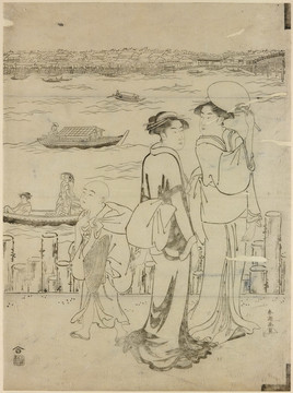 礒田湖龙斋两名年轻妇女正沿着河漫步