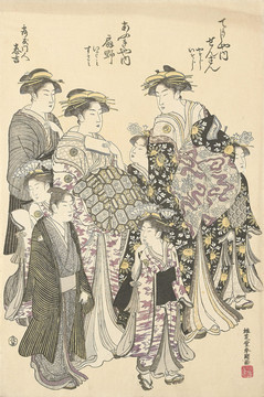 礒田湖龍齋兩個婦女和一群小孩
