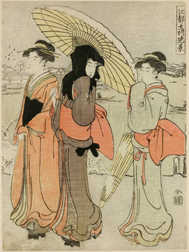 礒田湖龍齋下雪天白色的遮陽傘的三個女孩