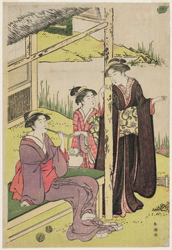 礒田湖龍齋三名女子在虹膜池塘邊的茶館里